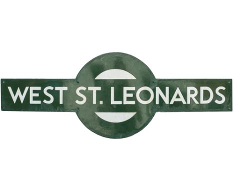 Southern Railway enamel target station sign WEST ST LEONARDS from the former South Eastern and Chatham Railway station betwee