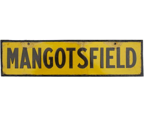 LMS enamel station lamp tablet MANGOTSFIELD from the former Midland Railway station just north of Bristol. In good condition 
