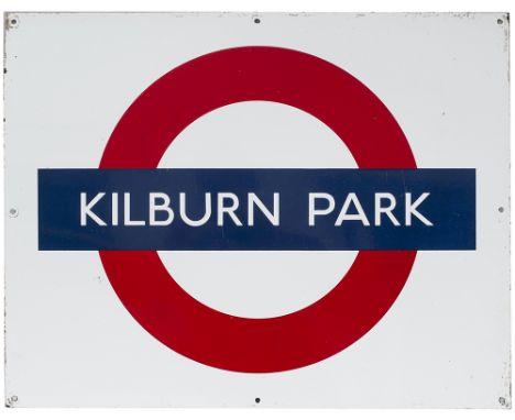 London Underground enamel Target/Bullseye station sign KILBURN PARK. Measures 28in x 22in and is in very good as removed cond