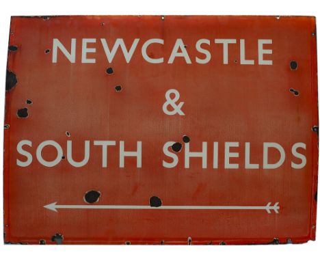 BR(NE) enamel railway sign NEWCASTLE &amp; SOUTH SHIELDS with left facing arrow. In good condition with some face chipping an