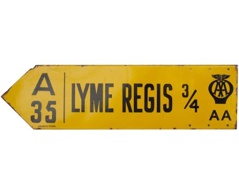 Motoring enamel sign AA LYME REGIS 3/4 A35. Double sided, in excellent condition, measures 38in x 10in.