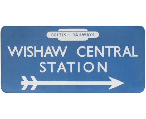 BR(SC) FF enamel direction sign WISHAW CENTRAL STATION with British Railways totem and right facing arrow, from the former Ca