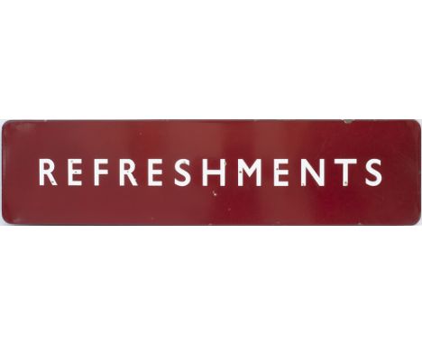 BR(M) FF enamel sign REFRESHMENTS. In very good condition with minor face chipping. Measures 48in x 12in.