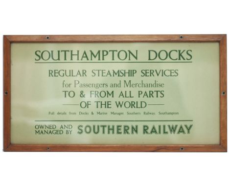 Carriage Print SOUTHAMPTON DOCKS REGULAR STEAMSHIP SERVICES OWNED AND MANAGED BY SOUTHERN RAILWAY. In an original glazed fram