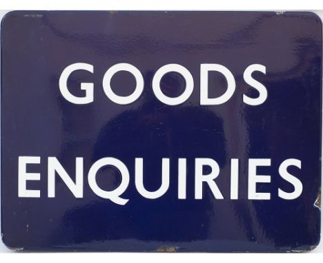BR(E) FF enamel railway sign GOODS ENQUIRIES. In excellent condition with minor edge chipping, measures 24in x 18in.
