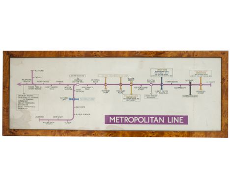 METROPOLITAN LINE Railway Carriage Panel Line Diagram issued in 1949 showing the route from Aldgate to Uxbridge, Watford and 