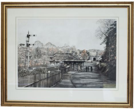 Original painting by Sean Bolan GRA of Box Station in 1950, painted circa 1977. Coloured Ink on card with mount. Framed and g