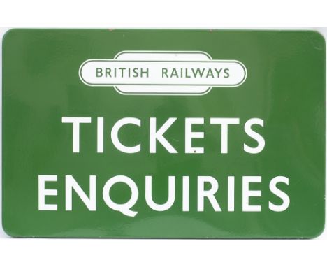 BR(S) FF enamel station sign TICKETS ENQUIRIES with British Railways totem. In excellent condition measures 28in x 18in.