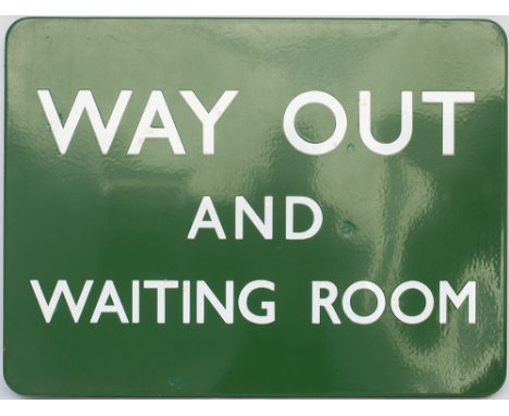 BR(S) FF enamel railway sign WAY OUT AND WAITING ROOM. In very good condition with a few minor face chips. Measures 24in x 18