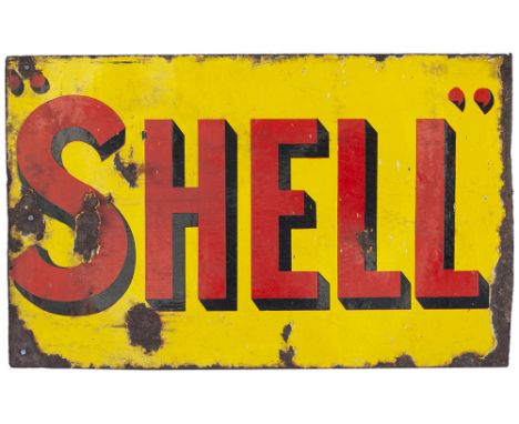Advertising enamel sign SHELL. Double sided with wall mounting flange. Both sides in original condition with some chipping. M