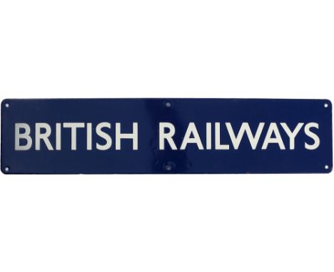 BR(E) enamel poster board heading BRITISH RAILWAYS. In excellent condition, one of the best examples we have seen. Measures 2