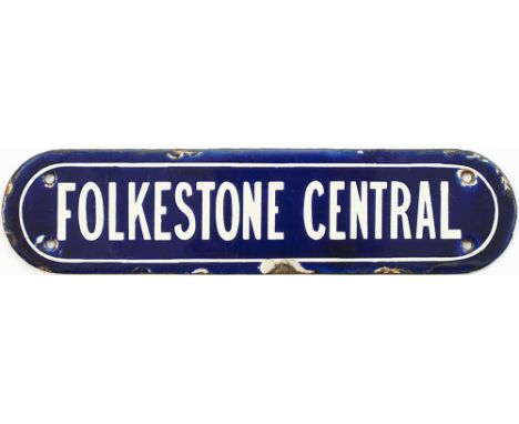 South Eastern &amp; Chatham Railway enamel Hamper Plate FOLKESTONE CENTRAL. In very good condition with minor chipping, measu