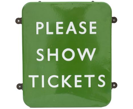 BR(S) FF enamel railway sign PLEASE SHOW TICKETS. In excellent condition complete with original wooden backboard and mounting