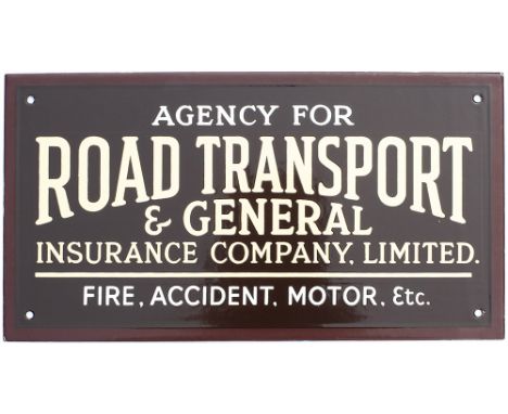 Advertising enamel sign AGENCY FOR ROAD TRANSPORT &amp; GENERAL INSURANCE COMPANY LIMITED, FIRE, ACCIDENT, MOTOR, etc. In vir