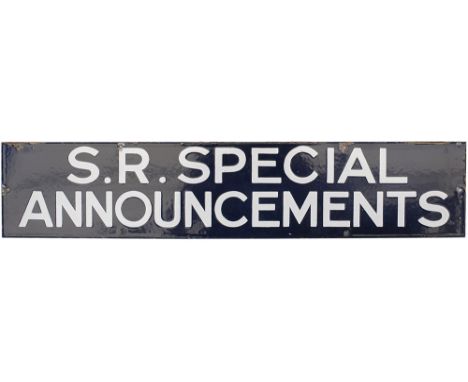 Southern Railway enamel poster board heading S.R. SPECIAL ANNOUNCEMENTS. In excellent condition measures 27in x 5.5in.
