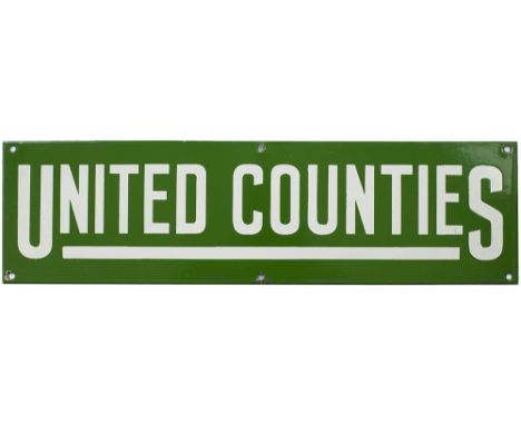 Motoring Bus enamel poster board heading UNITED COUNTIES. Measures 20in x 5.5in and is in excellent condition.