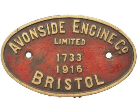 Worksplate AVONSIDE ENGINE CO LIMITED BRISTOL 1733 1916 ex 0-4-0 T exported to Natal to work on the sugar plantations. Oval c