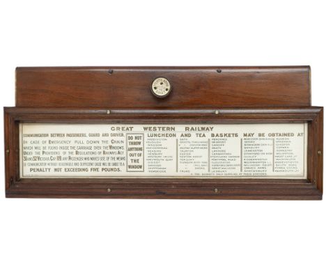 GWR mahogany framed and glazed carriage panel advertising LUNCHEON AND TEA BASKETS in gold print on white card. Dated March 1
