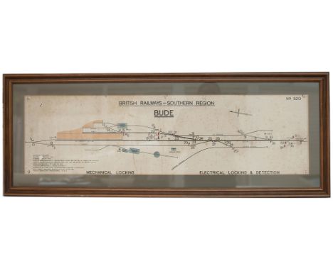 BR(S) signal box diagram BUDE, full colour showing the station, goods shed, engine shed and turntable. In very good condition