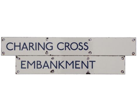 A pair of London Transport Underground enamel indicator board enamels, CHARING CROSS 13in x 1.75in and EMBANKMENT 10.5in x 1.