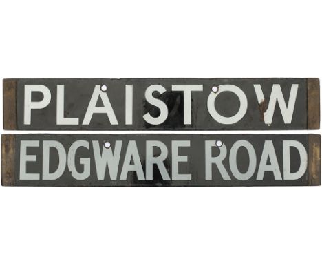 London underground stock enamel destination board, EDGWARE ROAD - PLAISTOW. In excellent condition complete with brass ends. 