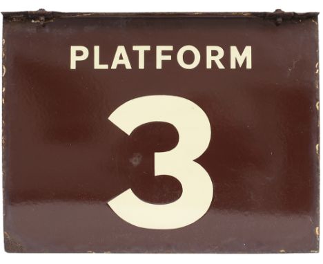 GWR enamel railway sign PLATFORM 3. Double sided with a single flange at the top both sides in good condition with some edge 