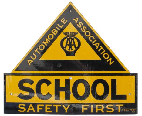 Motoring advertising enamel sign AA AUTOMOBILE ASSOCIATION SCHOOL SAFETY FIRST. In very good condition with a few small repai