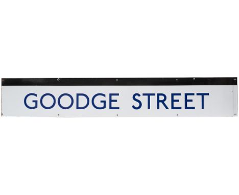 London Underground enamel frieze sign GOODGE STREET measuring 60.5in x 9.75in. In excellent condition.