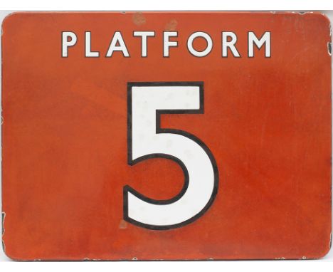 BR(NE) FF enamel station sign PLATFORM 5. In very good condition with black edged letters. Measures 24in x 18in.