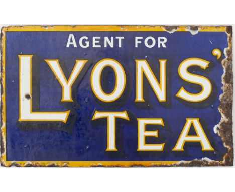 Advertising enamel sign AGENT FOR LYONS' TEA. Double sided, both sides in good condition, missing wall mounting flange. Measu