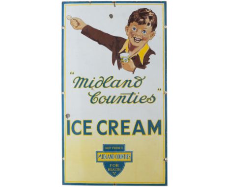 Enamel advertising sign MIDLAND COUNTIES ICE CREAM. In excellent condition with minor chipping. Measures 42in x 24in.