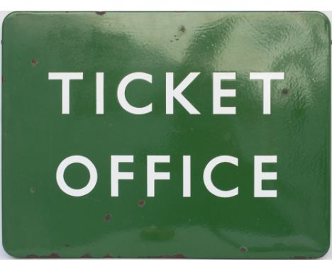 BR(S) FF enamel railway sign TICKET OFFICE. In very good condition with minor face chipping. Measures 24in x 18in.