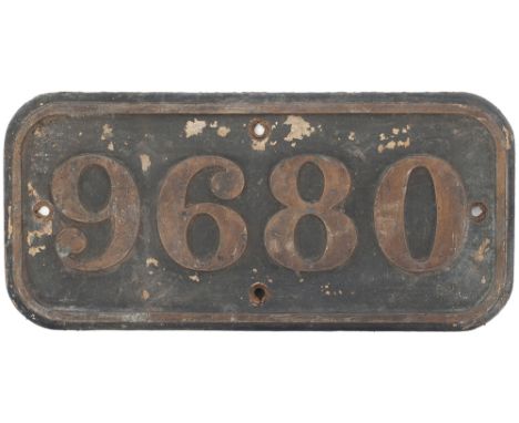 BR-W brass cabside numberplate 9680 ex Collett 0-6-0 PT built at Swindon in 1949. Allocated to  St Blazey, Swindon, Worcester