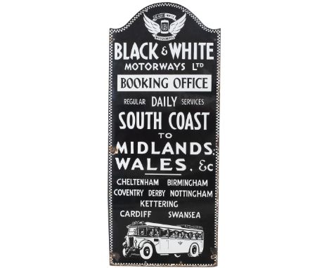 Motoring bus enamel sign BLACK &amp; WHITE MOTORWAYS BOOKING OFFICE. REGULAR DAILY SERVICES SOUTH COAST TO MIDLANDS WALES CHE