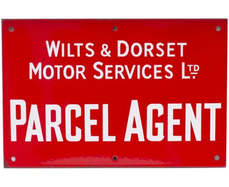 Bus motoring enamel sign WILTS &amp; DORSET MOTOR SERVICES LTD PARCEL AGENT. In excellent condition measuring 15in x 10in.