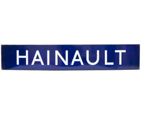 London Underground enamel station sign HAINAULT. In excellent condition with minor edge chipping measures 58.5in x 10.5in.