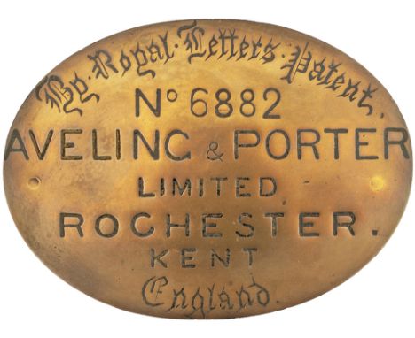 Worksplate BY ROYAL LETTERS PATENT NO. 6882 AVELING &amp; PORTER LIMITED ROCHESTER KENT ENGLAND. Ex 10 ton single cylinder st