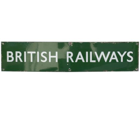 BR(S) enamel poster board heading BRITISH RAILWAYS. In very good condition with minor edge chipping, measures 26.75in x 5.75i