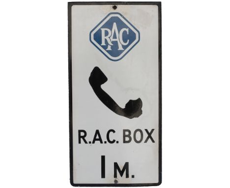 Motoring enamel sign RAC BOX 1 M. In very good condition with three small areas of restoration. Measures 20in x 10in.