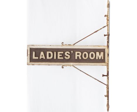 Great Western Railway station platform sign LADIES ROOM, double sided wood with cast iron letters and original wrought iron b