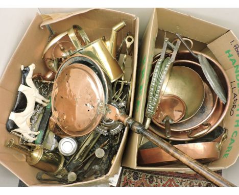 A collection of copper and brassware, to include kettles, trivets, cream pan, bed warmer with handle, two martingale horse br