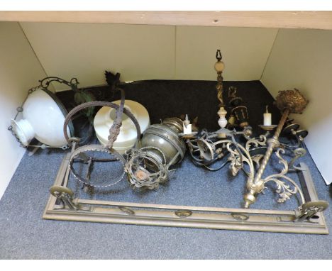 Various brass light fittings, and a fender