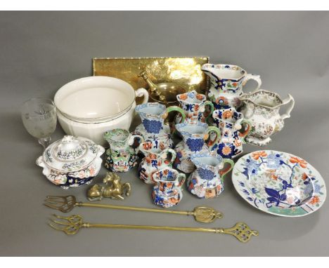 A collection of Davenport and Masons ironstone hydra jugs, a chamberpot, Brexton drinks set, incomplete, a brass mortar, toas