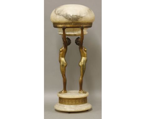 A gilt metal and alabaster table lamp, modelled as two nudes holding a saucer shaped shade, on a plinth with latticed gilt pa