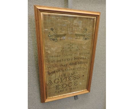 A 19th century needlework sampler, by Agnes Hedge, aged 8, with her will, verso, 38 x 22cm, a pair of feather bird pictures, 