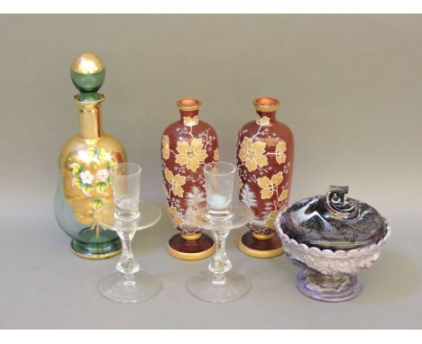 A pair of 19th century Bohemian glass and enamelled vases, decorated with white enamel trees and gilt leaves, 20.3cm, a David