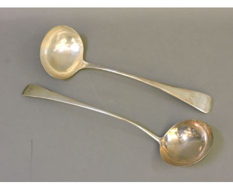 A Georgian silver old English pattern ladle, and another, Sheffield 1915, each initialled to handles