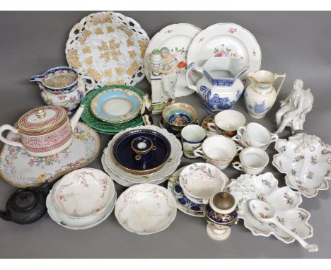 A blue and white printed drainer tray, other printed wares, including English and Continental tea wares, a Sèvres marked cham