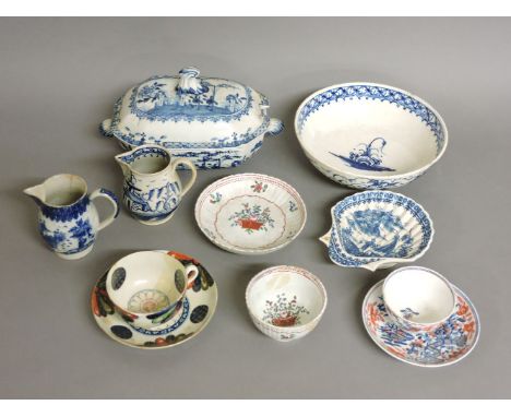 An 18th century Worcester teacup and saucer, with fan shaped panels, restored, another two tea bowls and saucers, other early