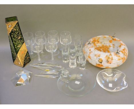 Assorted glassware, to include Steuben, Kosta, Wirkkala style shot glasses, Victorian enamelled vase, Art Deco ceiling light,